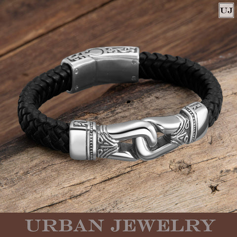 Urban Jewelry Men’s Bracelet – Ancient Pattern Design in a Polished Silver Finish and Black Leather Rope Chain – Made of Stainless Steel and Genuine Leather for Him