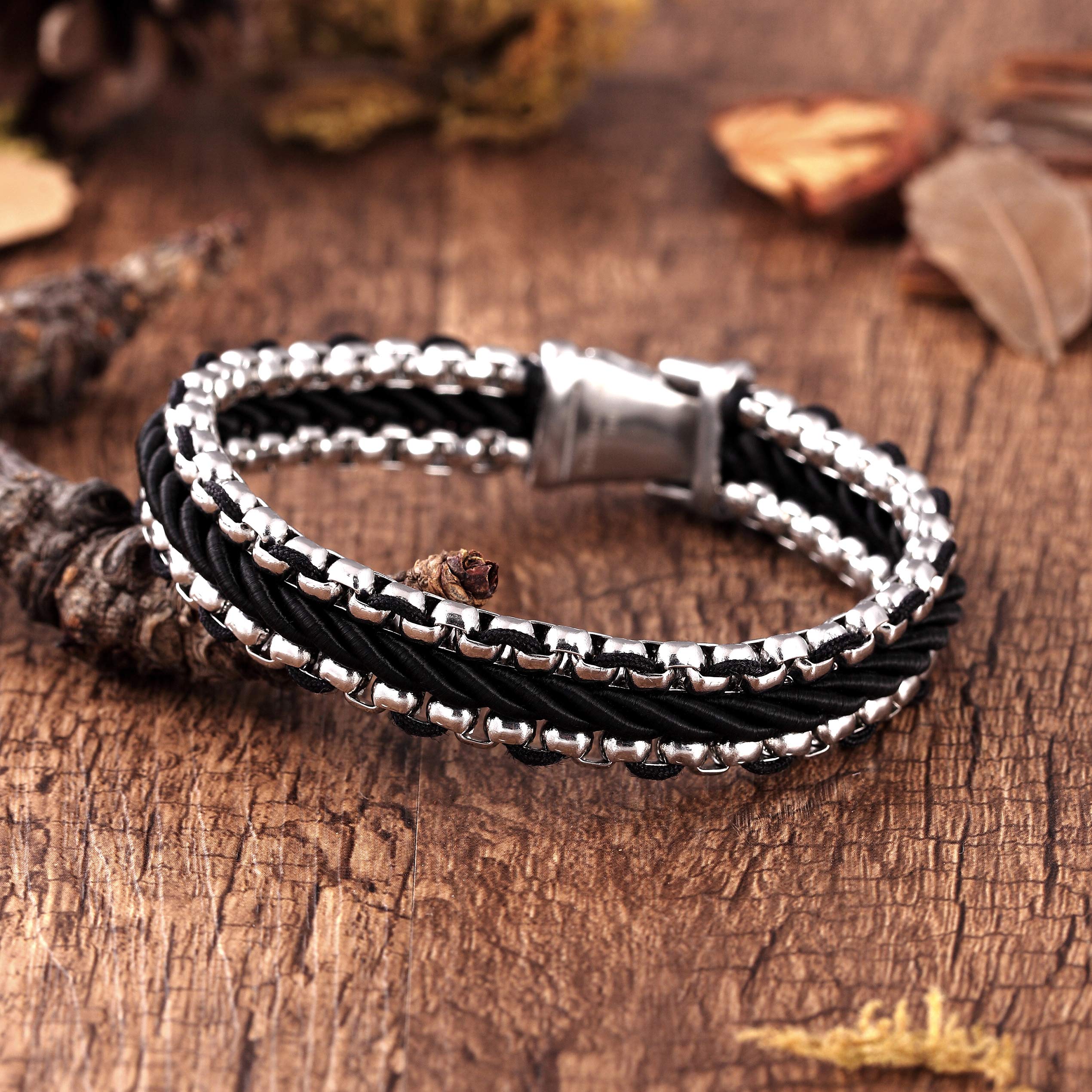 Contemporary Men’s Bracelet – Metallic Bead Chain Design with Contemporary Black Leather Detail –Genuine Leather & Stainless Steel – Black & Polished Silver Color – Jewelry Gift or Accessory for Men