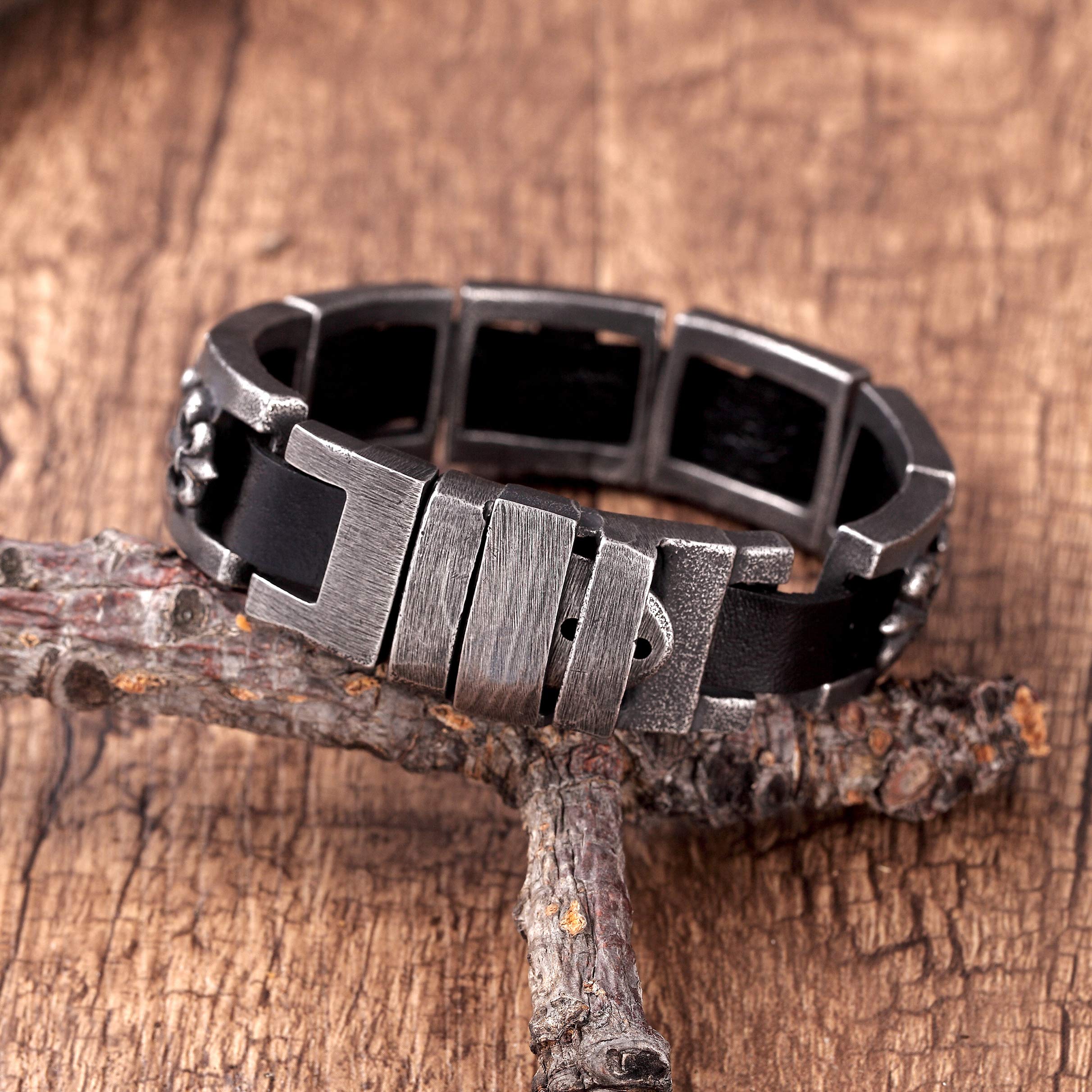 Modern Men’s Bracelet – Interlocking Box Chains with Fleur De Lis Emblem – Made of Comfy Genuine Leather & Stainless Steel – Black & Gun Metal Grey Color –Jewelry Gift or Accessory for Men