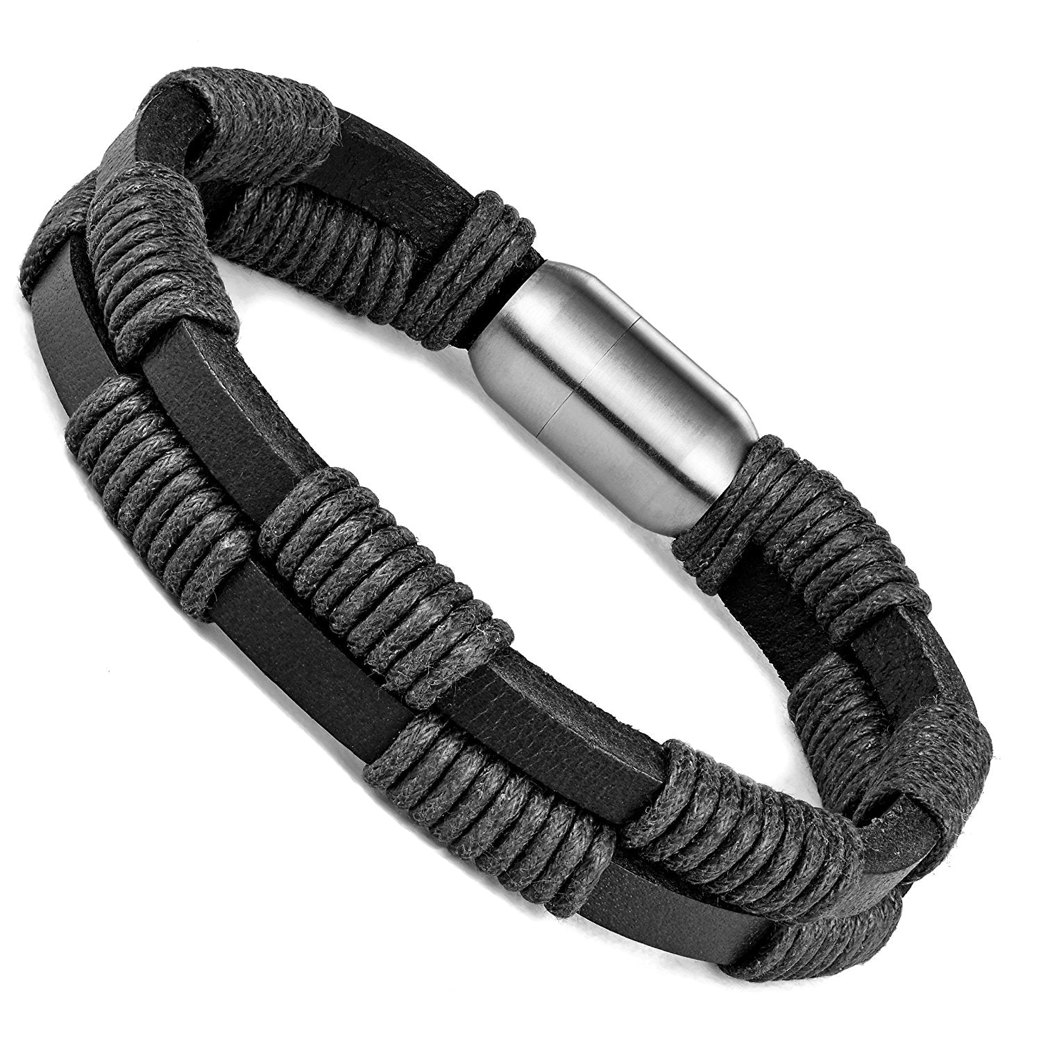 Urban Jewelry Stylish Genuine Leather Bracelet for Men with Magnetic Stainless Steel Clasp 8.5 Inch