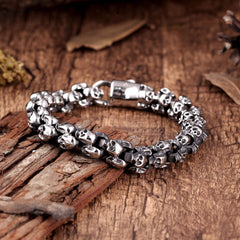 Men’s Biker Bracelet, Double Link Chains Embellished with Rows of Skull's in a Stainless Steel Polished Silver Finish