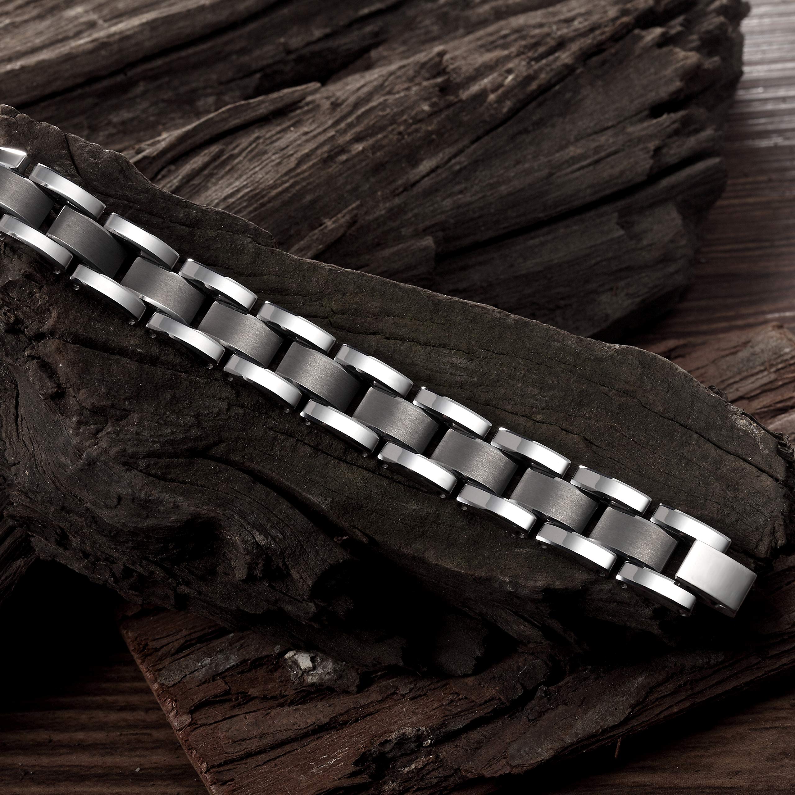 Bold Men’s Bracelet – Interlocking Track Link Design in a Polished Silver Finish with Dark Grey Contrast – Scratch & Tarnish Resistant Tungsten – Jewelry Gift or Accessory for Men