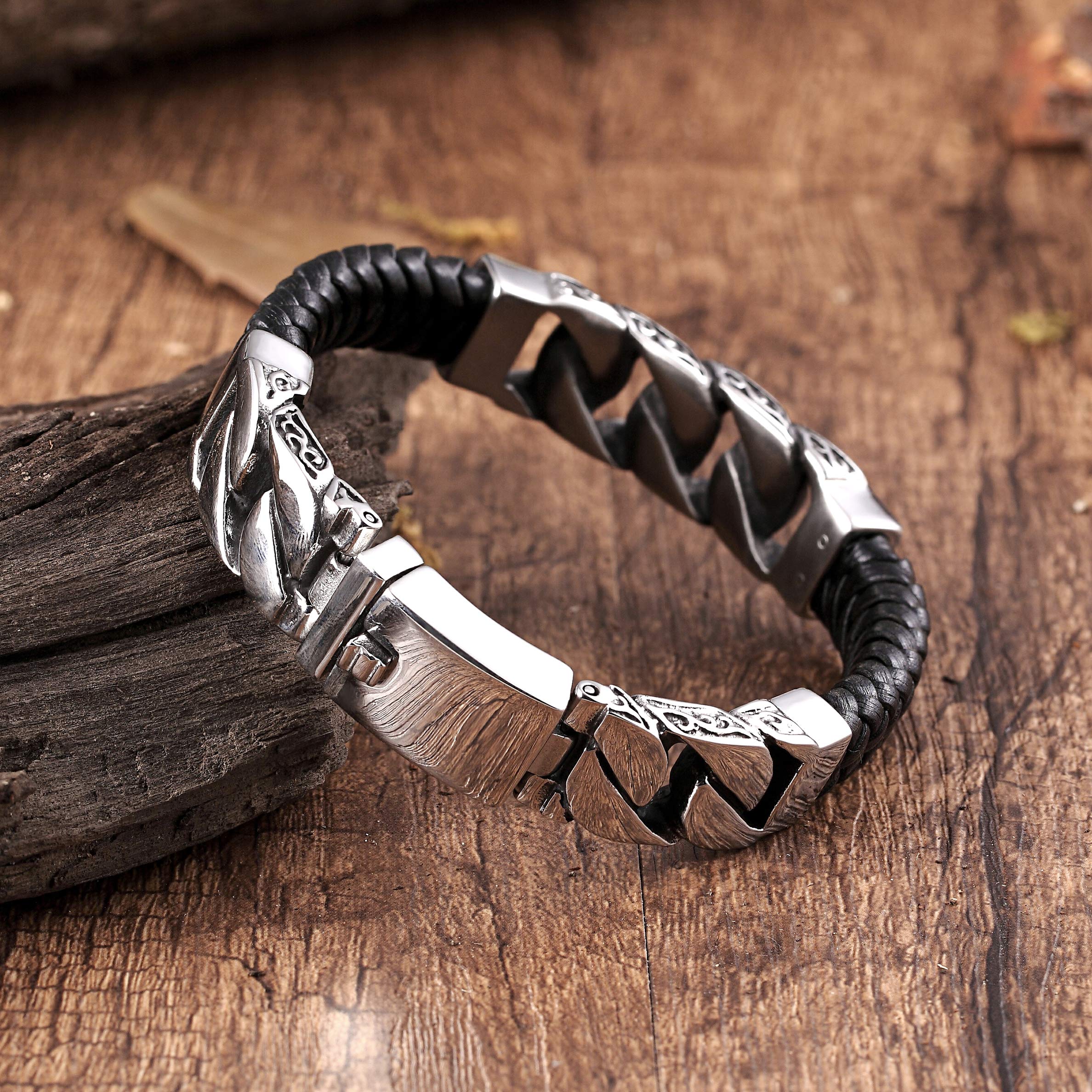 Dystopian Men’s Bracelet – Black Leather Braided Rope Bracelet with Contemporary Gourmette Chains – Genuine Leather & Stainless Steel – Black & Polished Silver Color – Jewelry Gift or Accessory for Me