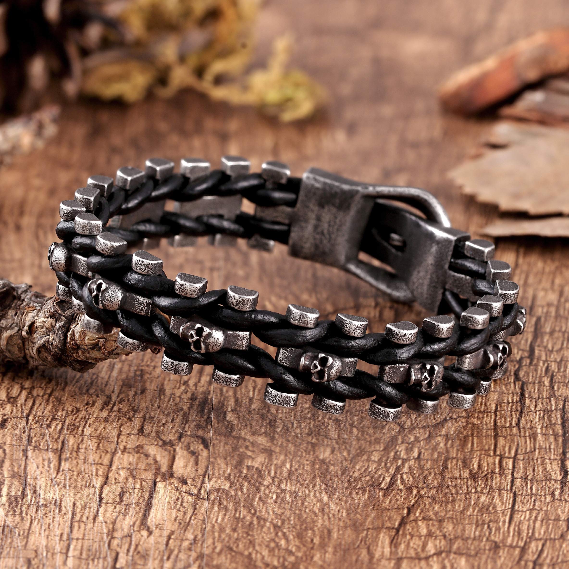 Dystopian Men’s Bracelet – Contemporary Black Leather Rope with Interlocking Track Chains – Comfy Genuine Leather & Stainless Steel – Black & Gun Metal Grey Color – Jewelry Gift or Accessory