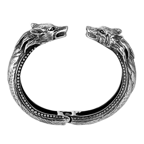 Boldly Sleek Men’s Bracelet – Polished Silver Finish Band with Wolf’s Head Ornament – Made of Rust & Discoloration Resistant Stainless Steel – Jewelry Gift or Accessory for Men