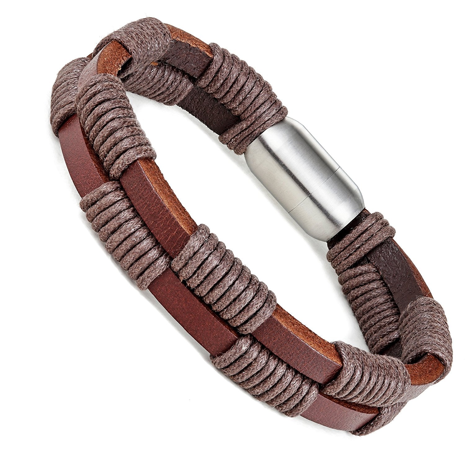 Urban Jewelry Stylish Genuine Leather Bracelet for Men with Magnetic Stainless Steel Clasp 8.5 Inch