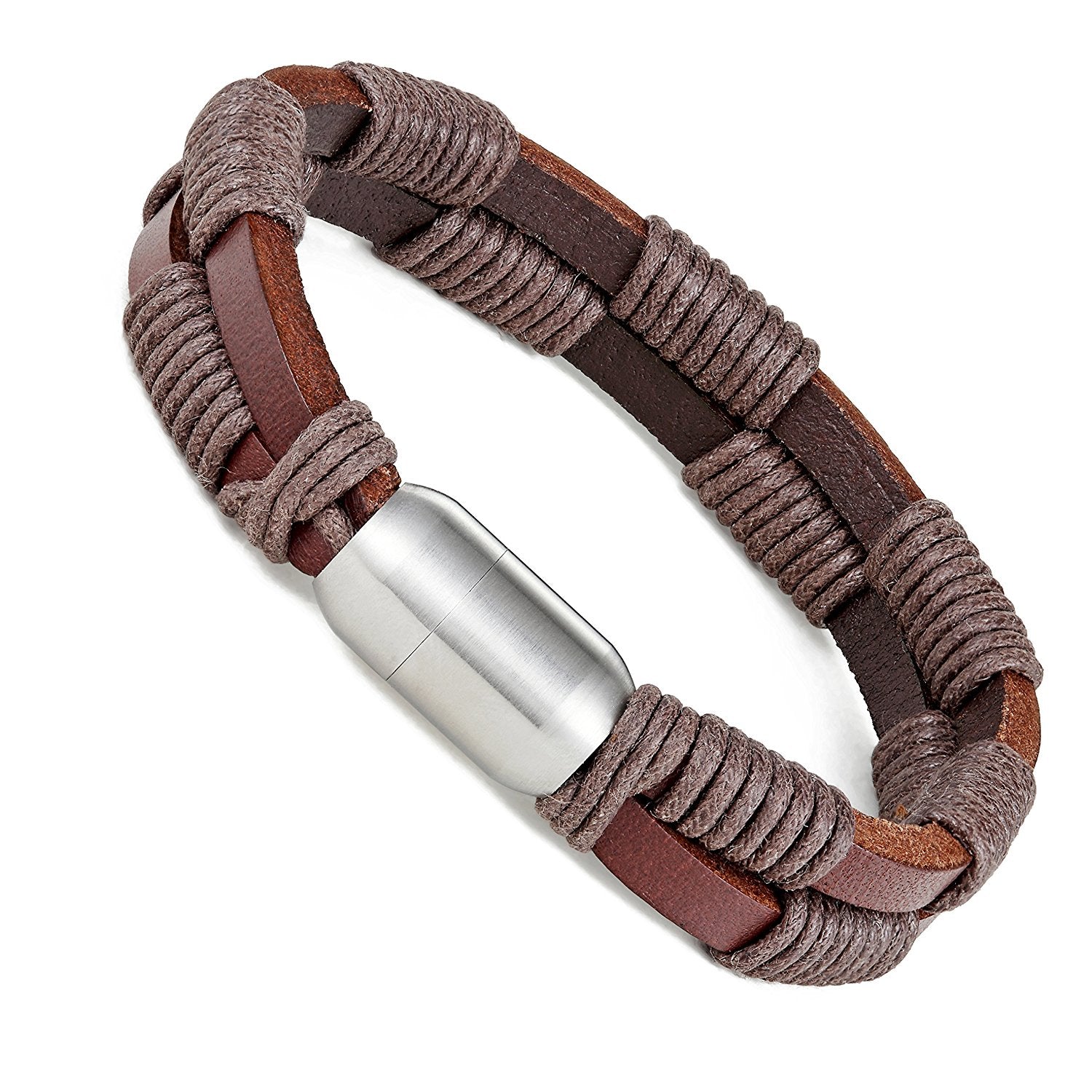 Urban Jewelry Stylish Genuine Leather Bracelet for Men with Magnetic Stainless Steel Clasp 8.5 Inch