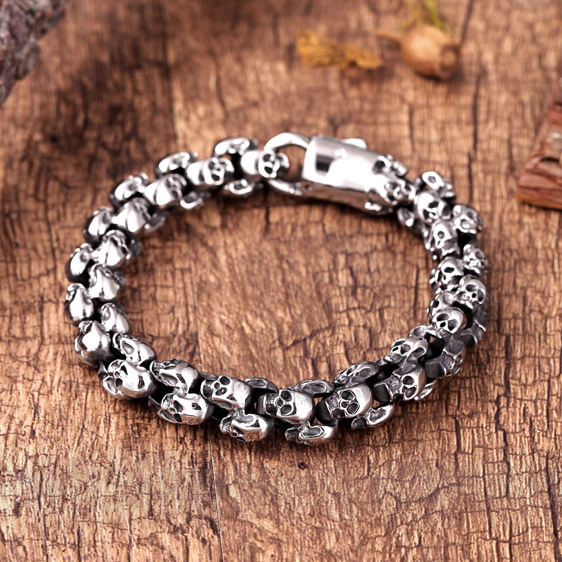 Men’s Biker Bracelet, Double Link Chains Embellished with Rows of Skull's in a Stainless Steel Polished Silver Finish