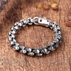 Image of Men’s Biker Bracelet, Double Link Chains Embellished with Rows of Skull's in a Stainless Steel Polished Silver Finish