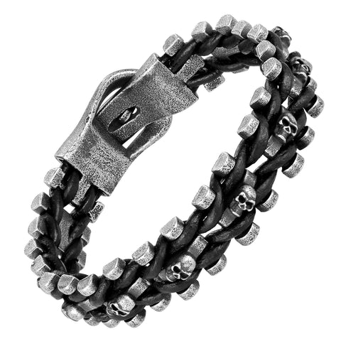 Dystopian Men’s Bracelet – Contemporary Black Leather Rope with Interlocking Track Chains – Comfy Genuine Leather & Stainless Steel – Black & Gun Metal Grey Color – Jewelry Gift or Accessory