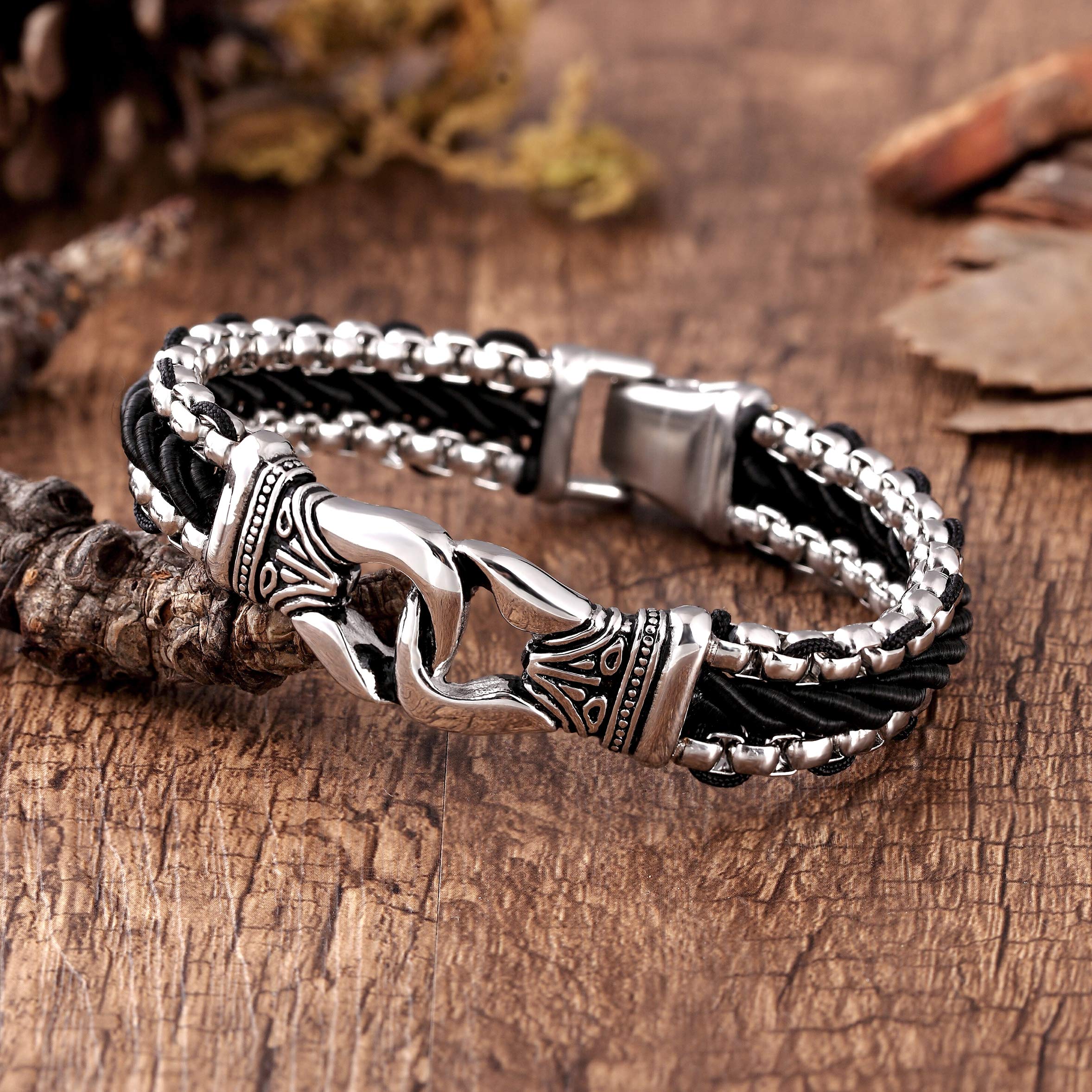 Contemporary Men’s Bracelet – Metallic Bead Chain Design with Ornamental Round Link – Genuine Leather & Stainless Steel – Black & Polished Silver Color – Jewelry Gift or Accessory for Men