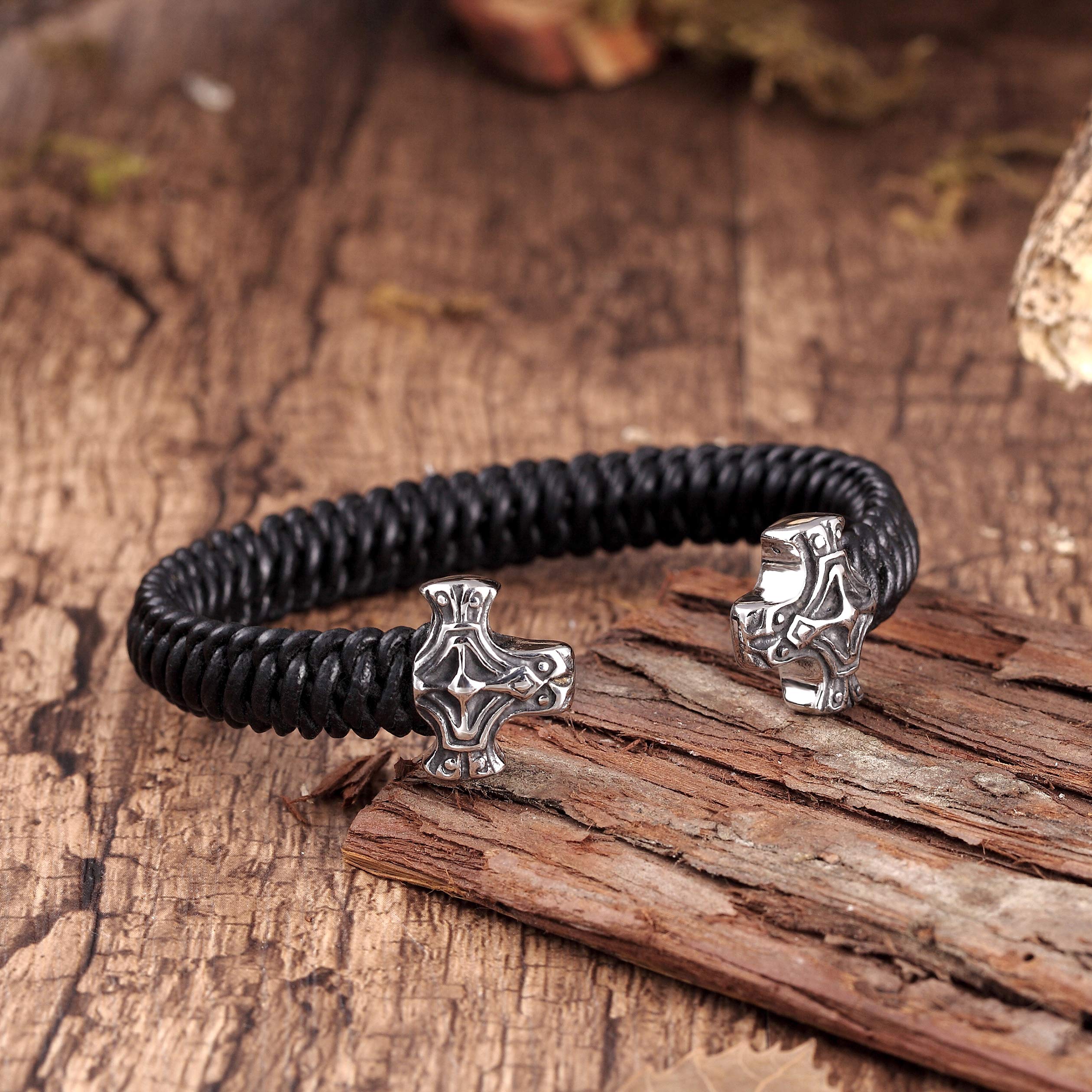 Stylish Men’s Bracelet – Ornamental Cross Emblem in Black & Silver Color – Black Braided Rope Cord Band – Made of Genuine Leather & Rust Resistant Stainless Steel – Jewelry Gift or Accessory for Men