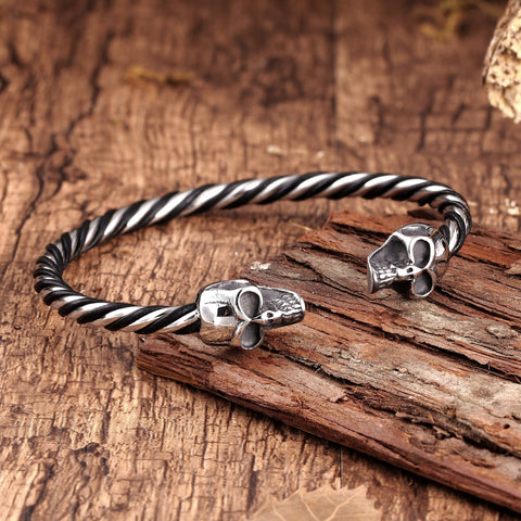 Bold Men’s Biker Bracelet, Stainless Steel Silver Finish Band with Death’s Skull Ornament and Black Genuine Leather