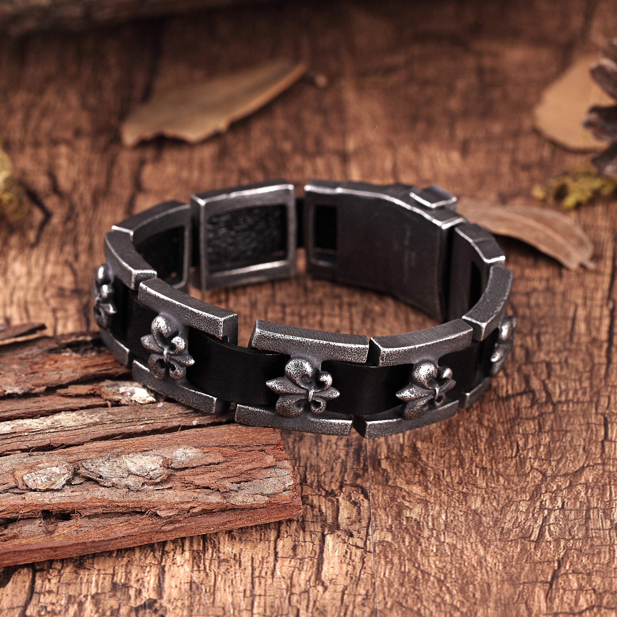 Modern Men’s Bracelet – Interlocking Box Chains with Fleur De Lis Emblem – Made of Comfy Genuine Leather & Stainless Steel – Black & Gun Metal Grey Color –Jewelry Gift or Accessory for Men
