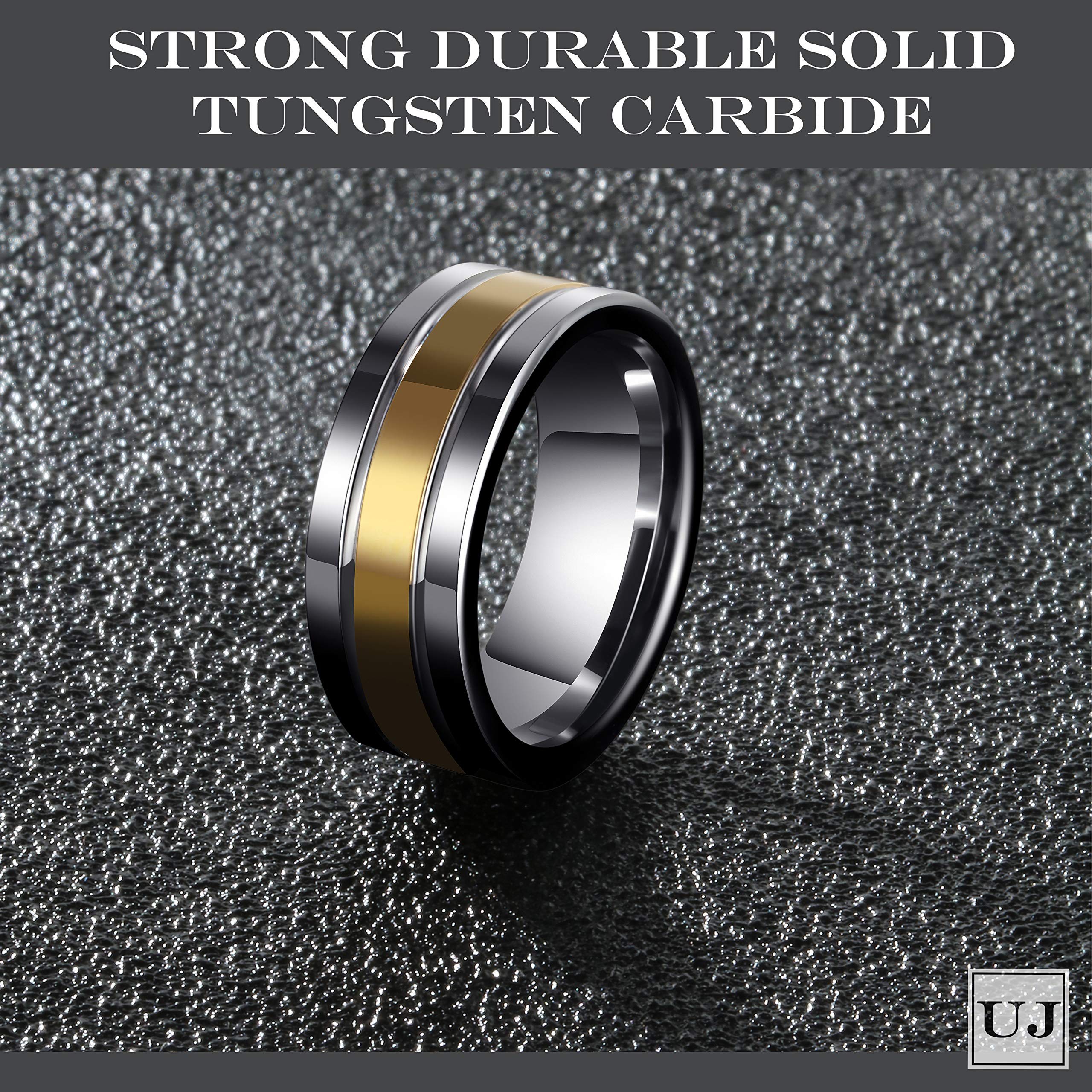 URBAN JEWELRY Men’s Wedding Band - Made of Strong Durable Solid Tungsten Carbide – 8mm Wedding Ring Size – High Shine Silver Finish with Sleek Gold Color Bands