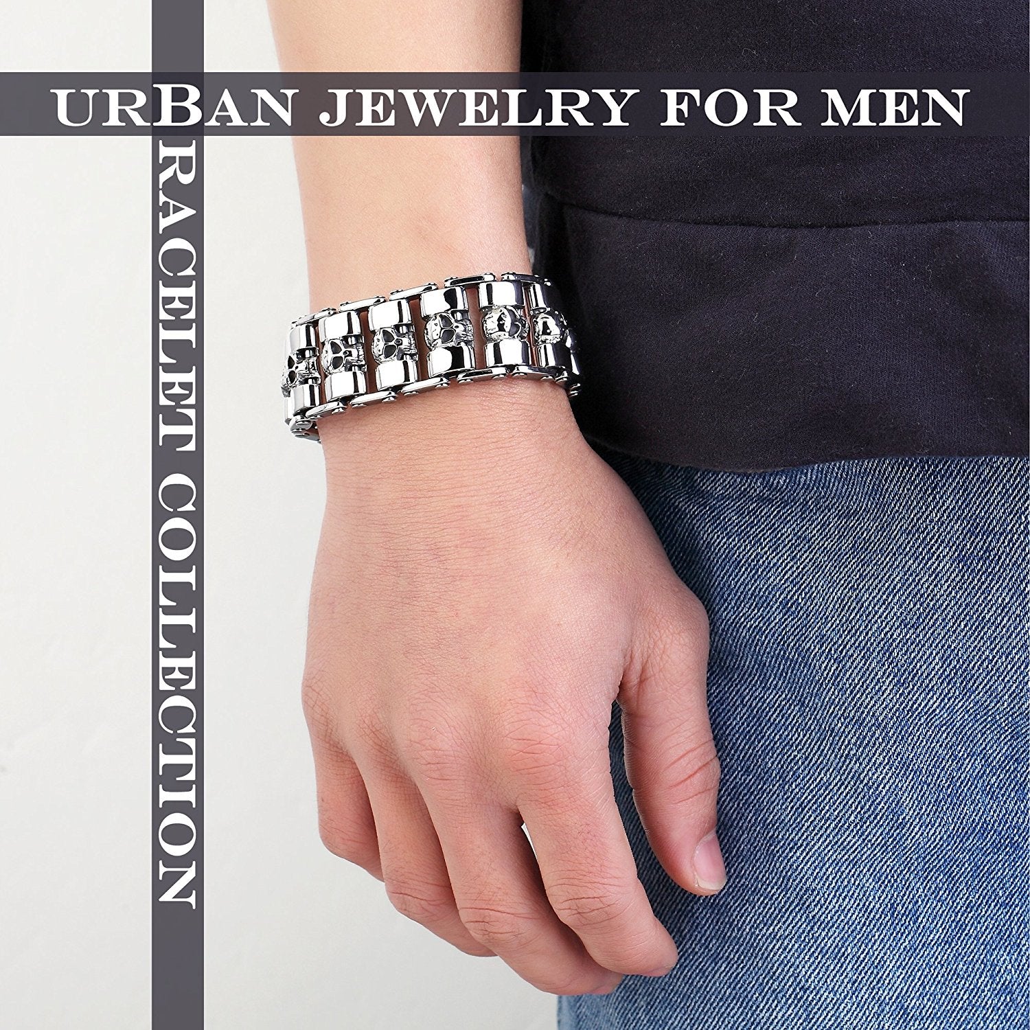 Urban Jewelry Stainless Steel Silver Tone Thick Skull Head 8.6 Inches Bracelet for Men