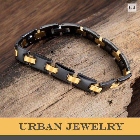 Urban Jewelry Men’s Bracelet Chain Link Design – Contrasting Black and Gold Color – Made of Solid Tungsten and Ceramic Material - 8.3 inch (21 cm) 10mm Wide
