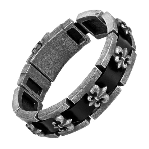 Modern Men’s Bracelet – Interlocking Box Chains with Fleur De Lis Emblem – Made of Comfy Genuine Leather & Stainless Steel – Black & Gun Metal Grey Color –Jewelry Gift or Accessory for Men