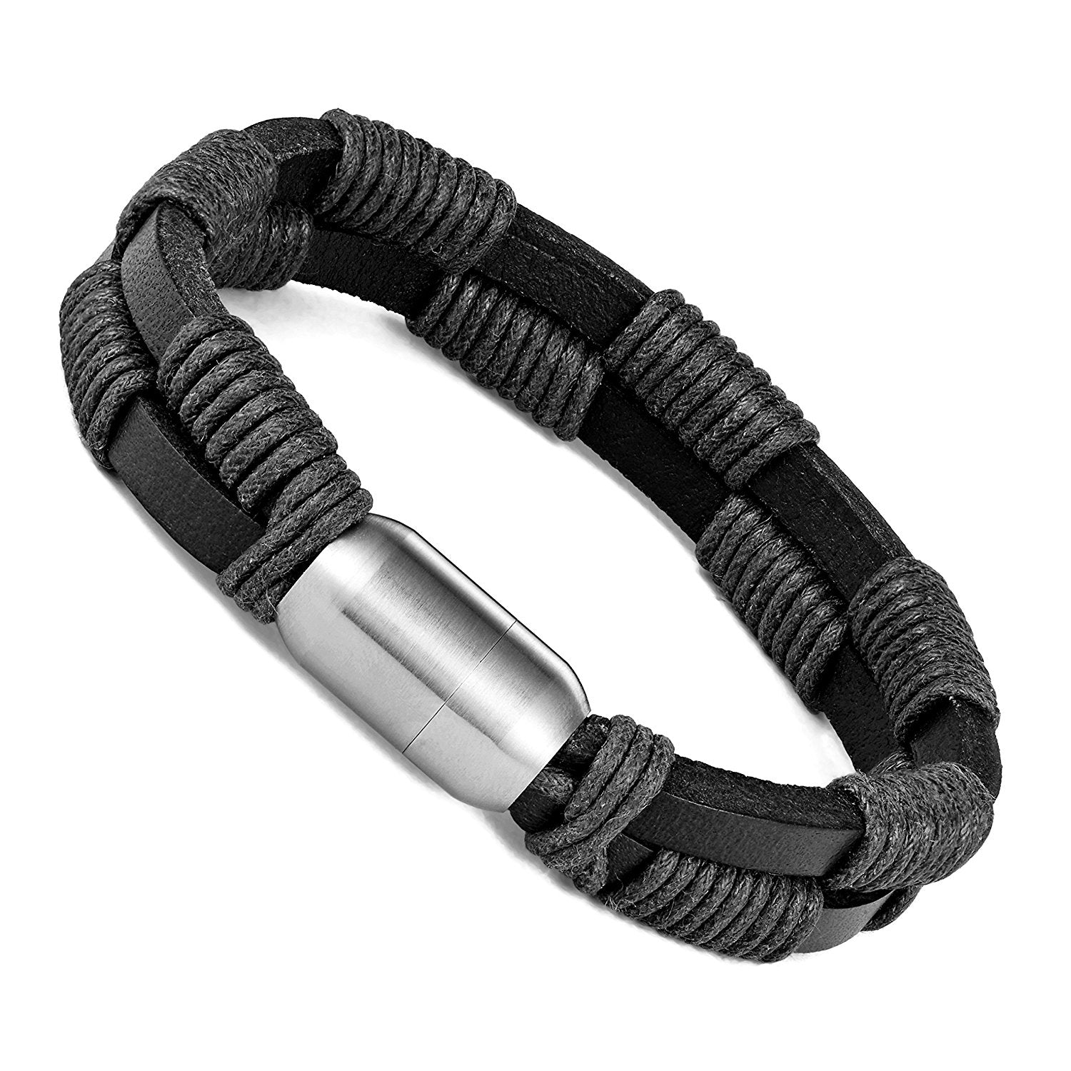 Urban Jewelry Stylish Genuine Leather Bracelet for Men with Magnetic Stainless Steel Clasp 8.5 Inch