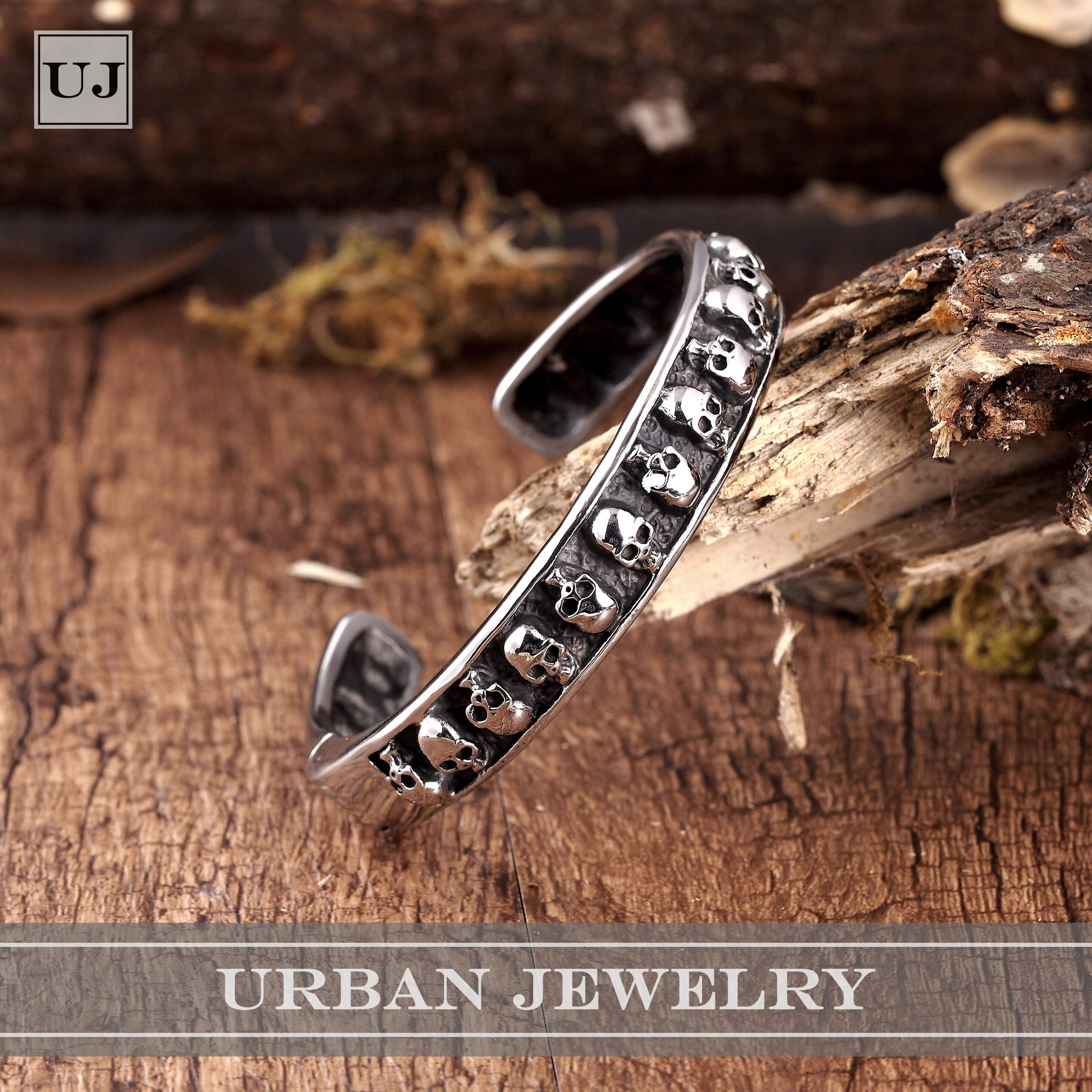 Bold Men’s Biker Bracelet, Rock & Roll Skull Design in a Sleek Stainless Steel Black & Silver Color Band