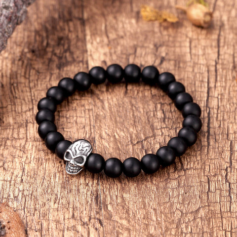 Contemporary Men’s Bracelet – Black Beads with Silver Color Mayan Skull Charm – Made of Glass & Polished Stainless Steel – Jewelry Gift or Accessory for Men