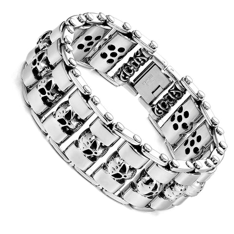 Urban Jewelry Stainless Steel Silver Tone Thick Skull Head 8.6 Inches Bracelet for Men