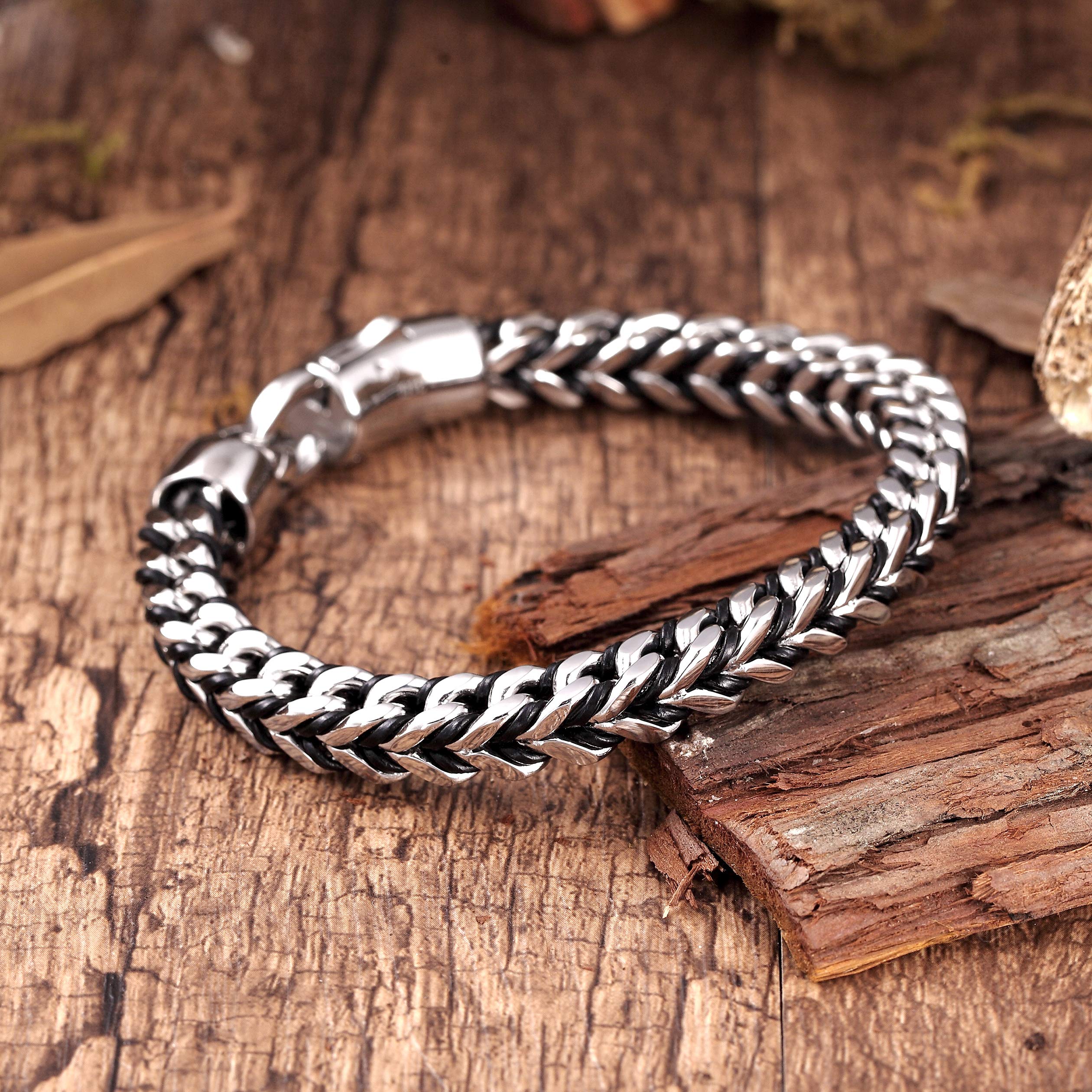 Mesmerizing Men’s Bracelet – Contrasting Silver Finish Foxtail Chain with Intricate Black Genuine Leather Detail – Rust & Discoloration Resistant Stainless Steel Chain – Jewelry Gift for Men