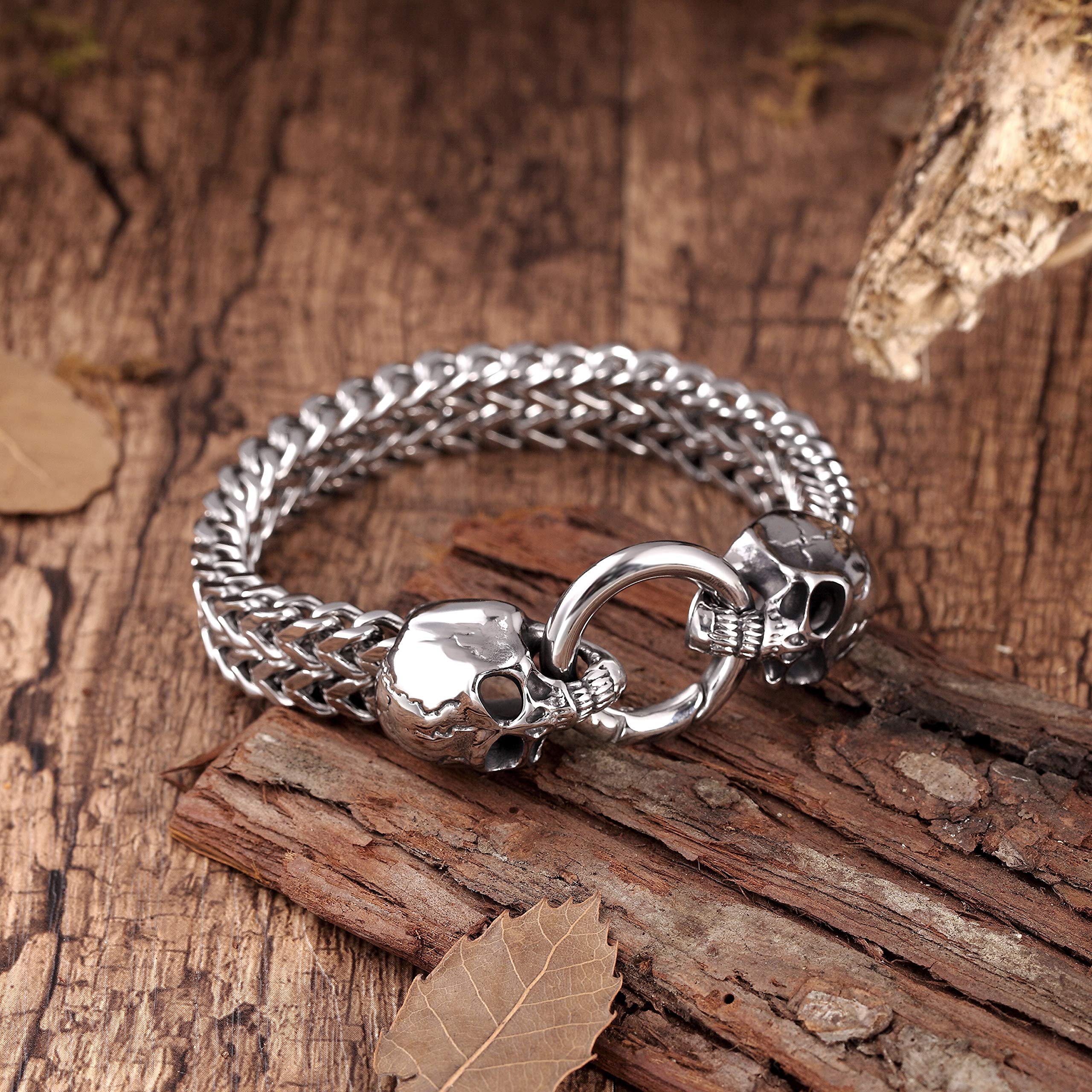 Bold Men’s Biker Bracelet, Foxtail Chain with Skull Design, Stainless Steel Polished Silver Finish
