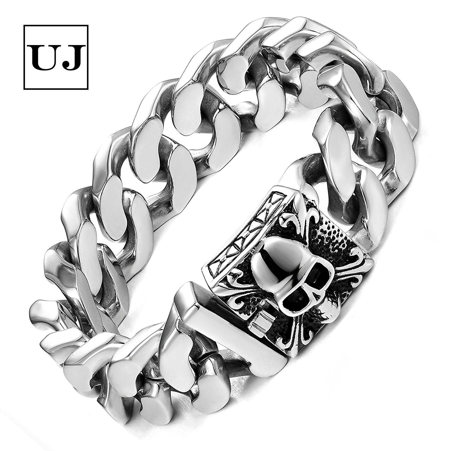 Urban Jewelry Unique 9 Inches Men's Stainless Steel Silver Skull Head Link Chain Bracelet