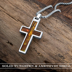 Tungsten Men’s Christian Necklace – Cross Pendant with Steel Chain 22” – – Made of Polished Solid Tungsten, Carbon Fiber, and Amethyst Shell Material – 6 Designs and Colors to Choose - Gift for Him