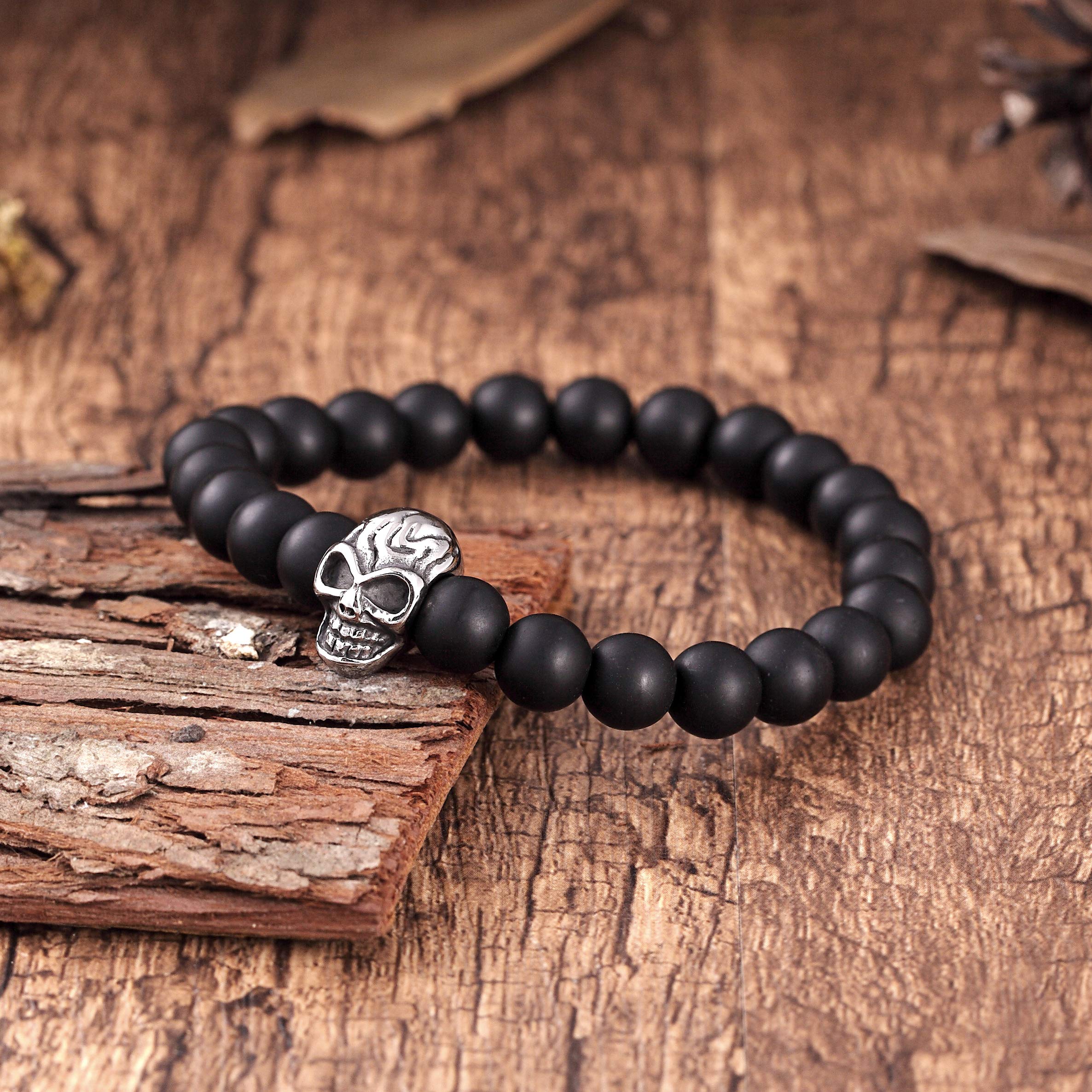 Contemporary Men’s Bracelet – Black Beads with Silver Color Mayan Skull Charm – Made of Glass & Polished Stainless Steel – Jewelry Gift or Accessory for Men