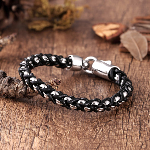 Contemporary Men’s Bracelet – Classic Link Chain with Trendy Intertwining Rope Detail – Black & Polished Silver Color – Stainless Steel & Genuine Leather Material – Jewelry Gift or Accessory for Men