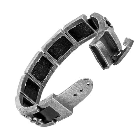 Modern Men’s Bracelet – Interlocking Box Chains with Fleur De Lis Emblem – Made of Comfy Genuine Leather & Stainless Steel – Black & Gun Metal Grey Color –Jewelry Gift or Accessory for Men