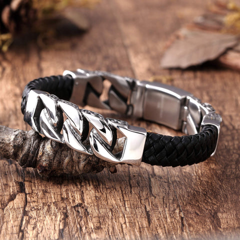 Dystopian Men’s Bracelet – Black Leather Braided Rope Bracelet with Contemporary Gourmette Chains – Genuine Leather & Stainless Steel – Black & Polished Silver Color – Jewelry Gift or Accessory for Me