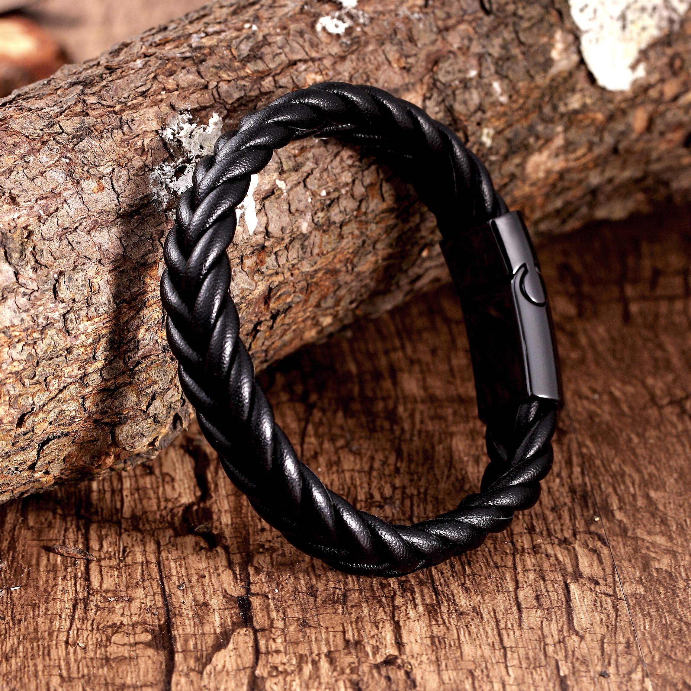 Stylish Men’s Bracelet – Contemporary Black Braided Leather Rope Design with Gunmetal Grey Clasp – Made of Comfy Genuine Leather & Stainless Steel – Jewelry Gift or Accessory for Men