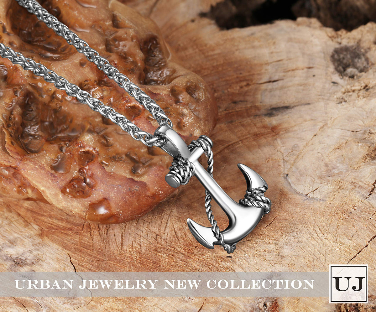 URBAN JEWELRY Men’s and Women’s Anchor Necklace – Radiant 316L Stainless Steel Silver Color Nautical Anchor Pendant with Steel Chain – Unisex Accessory, for Him or Her