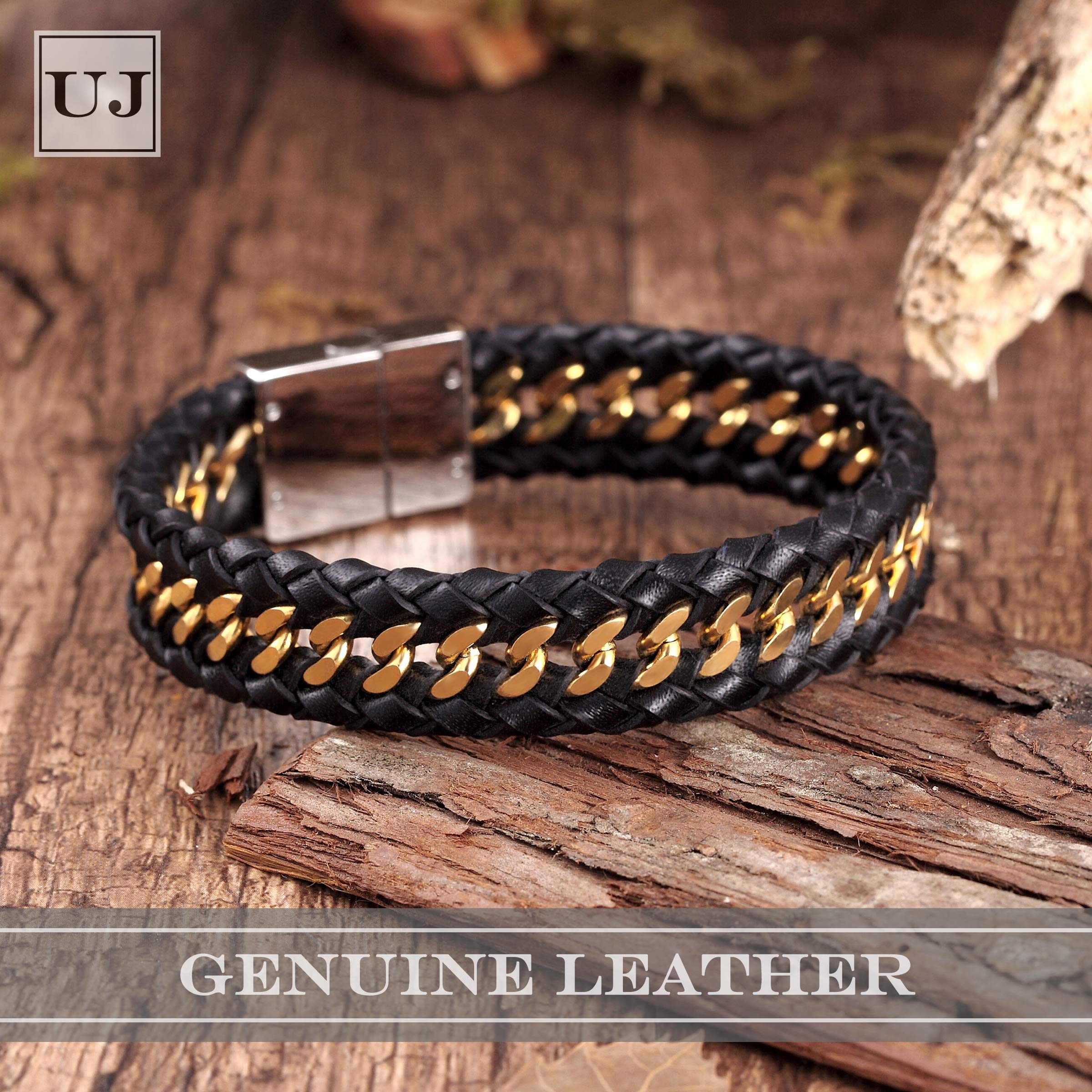 Stylish Contemporary Men’s Bracelet – Braided Rope with Gourmette Chain Design – Black and Polished Gold Color – Made of Stainless Steel & Genuine Leather – Jewelry Gift or Accessory for Men