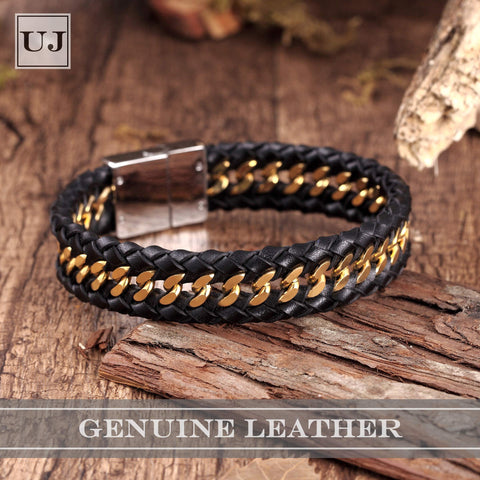 Stylish Contemporary Men’s Bracelet – Braided Rope with Gourmette Chain Design – Black and Polished Gold Color – Made of Stainless Steel & Genuine Leather – Jewelry Gift or Accessory for Men