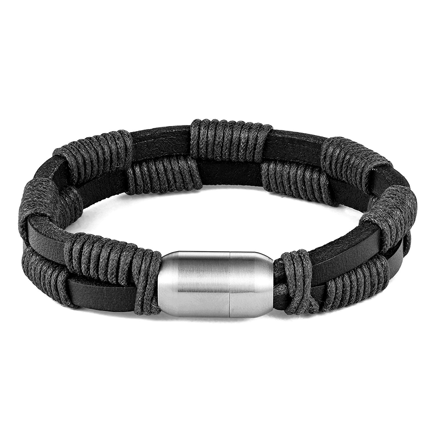 Urban Jewelry Stylish Genuine Leather Bracelet for Men with Magnetic Stainless Steel Clasp 8.5 Inch