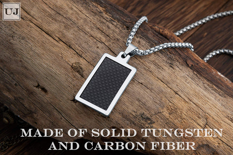 URBAN JEWELRY Solid Tungsten Carbon Fiber Pendant - Surgical Stainless Steel Silver 22 inch Necklace Chain - Modern Design with Geometric Pattern – 4 Styles and Colors to Choose from