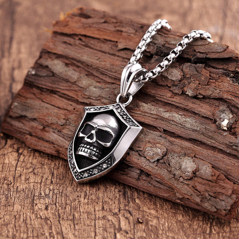 Bold Men’s Biker Necklace – Death’s Skull Shield Pendant in a Polished Black and Silver Color – Rust & Discoloration Resistant Stainless Steel Pendant and Chain – Jewelry Gift or Accessory for Men