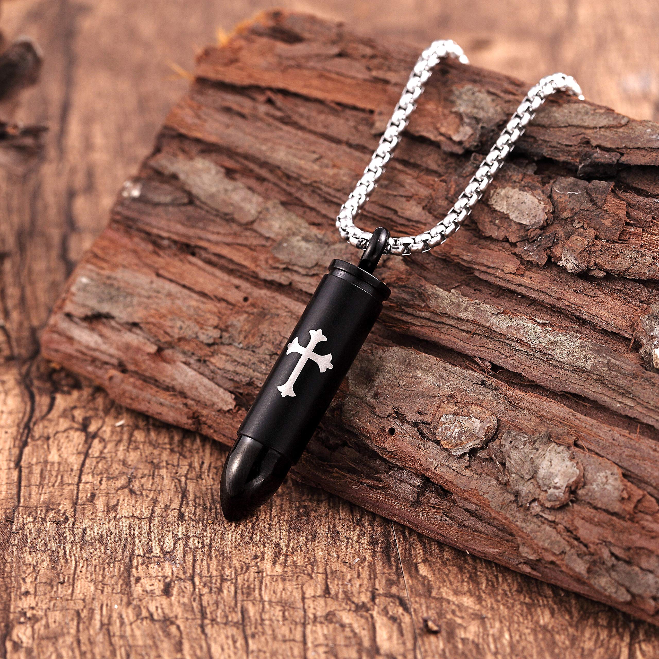 Urban Jewelry Striking Men’s Bullet Locket Necklace – Detailed with The Lord’s Cross in a Polished Gold, Silver or Black Finish – Rust & Discoloration Resistant Stainless Steel Pendant and Chain