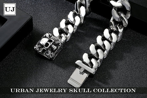 Urban Jewelry Unique 9 Inches Men's Stainless Steel Silver Skull Head Link Chain Bracelet