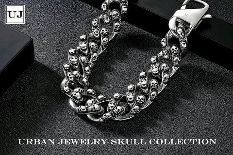 Urban Jewelry Elegant Men's Mini Skull Heads Chain Link Bracelet 8.85 Inches Stainless Steel (Silver Tone)