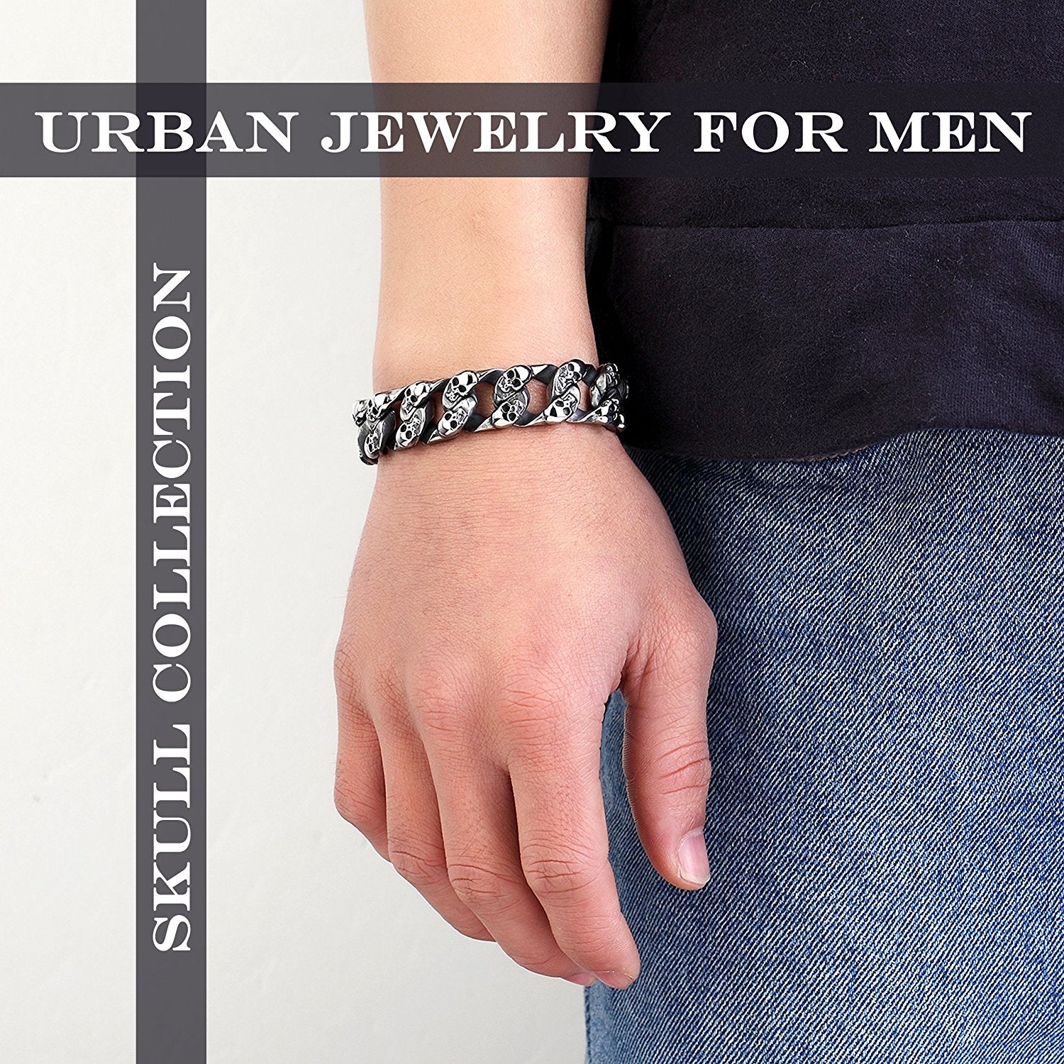 Urban Jewelry 8.6 Inches Stainless Steel Silver Tone Mini Skull Heads Link Chain Bracelet for Men