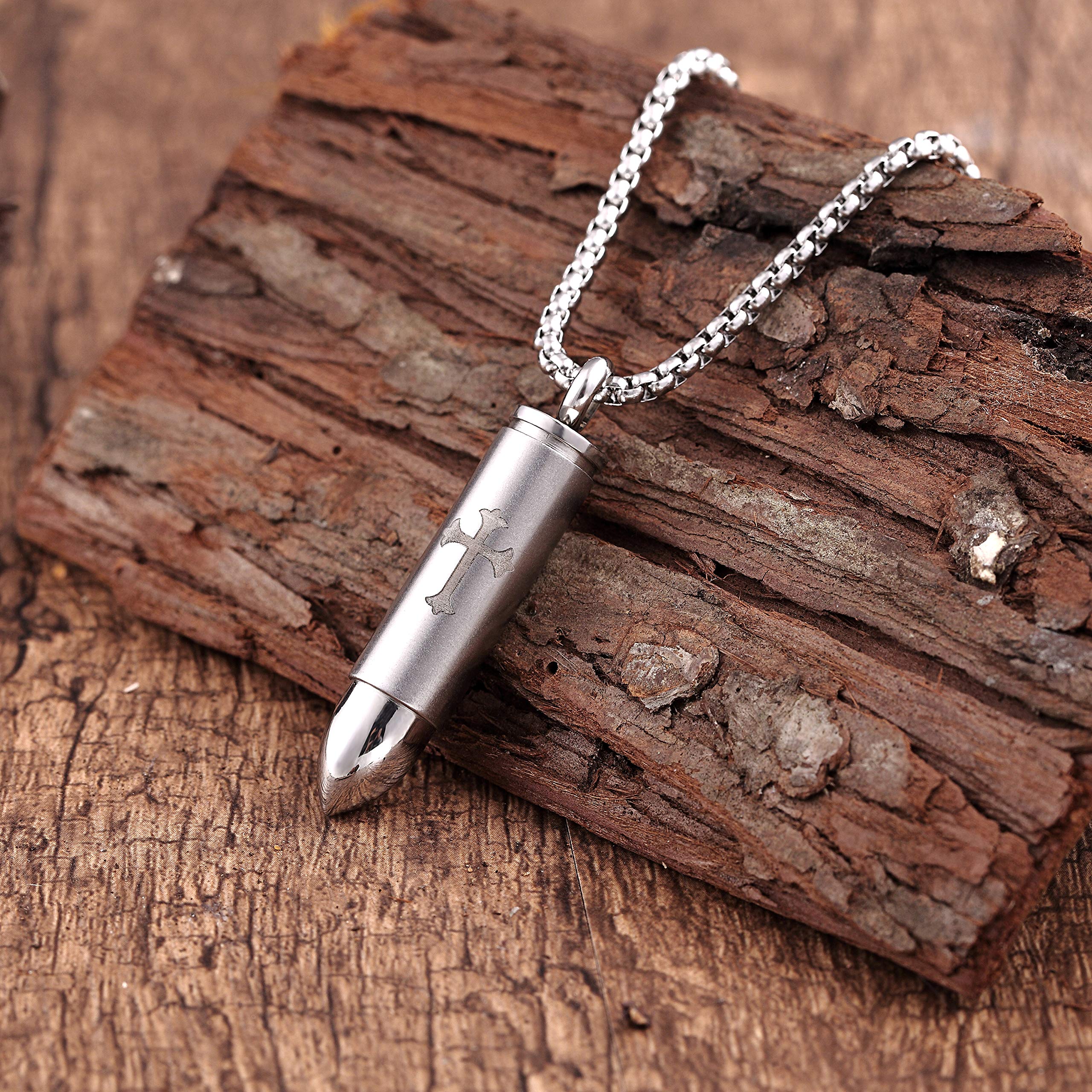 Urban Jewelry Striking Men’s Bullet Locket Necklace – Detailed with The Lord’s Cross in a Polished Gold, Silver or Black Finish – Rust & Discoloration Resistant Stainless Steel Pendant and Chain