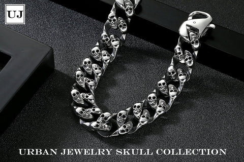 Urban Jewelry 8.6 Inches Stainless Steel Silver Tone Mini Skull Heads Link Chain Bracelet for Men